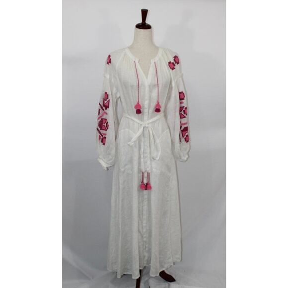 ELEVEN March 11 Sz XS Ivory Linen Pink Embroidered Belted Midi Dress - Picture 9 of 9